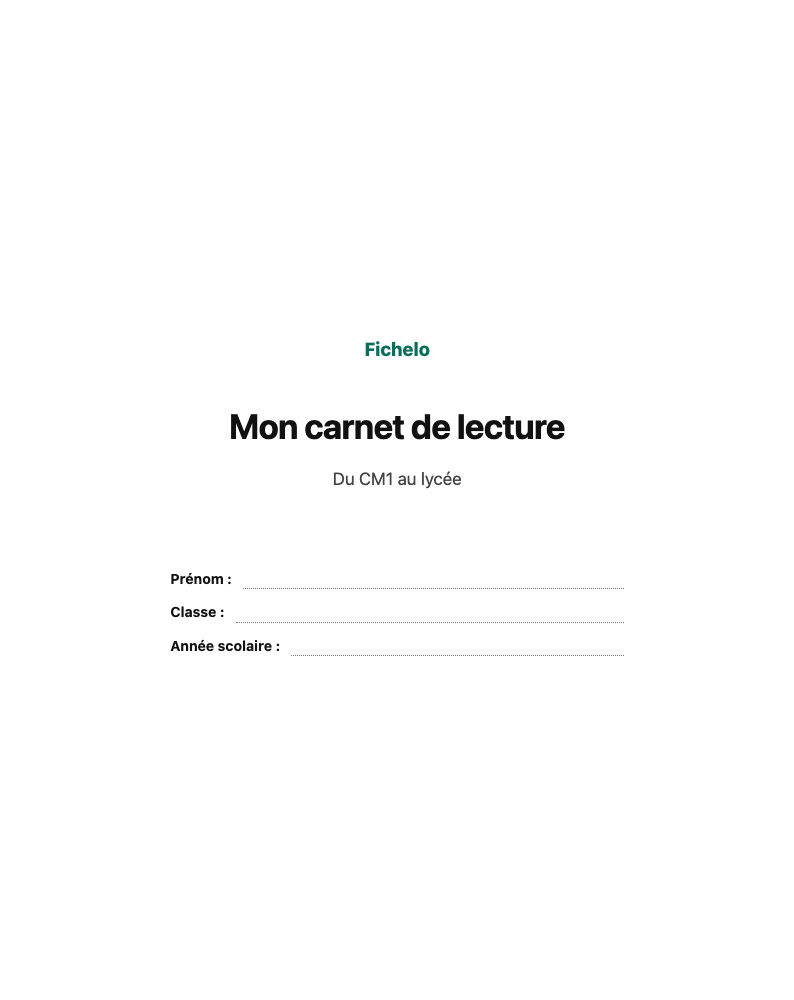 Première page du PDF « Carnet de lecture à imprimer (CM1 → lycée) »
