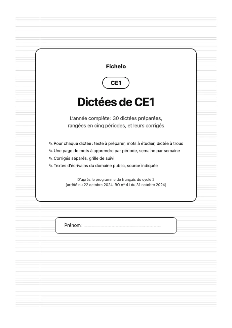 Couverture du cahier de dictées de CE1 : 30 dictées préparées et leurs corrigés