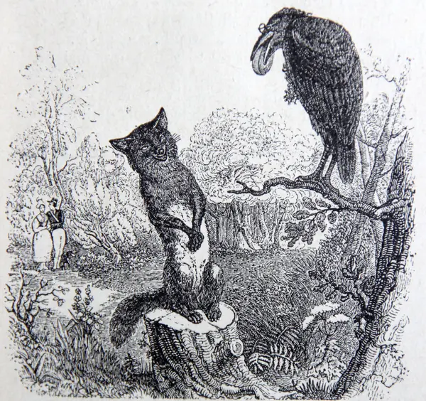 Gravure de Grandville : le renard parle au corbeau perché qui tient son fromage
