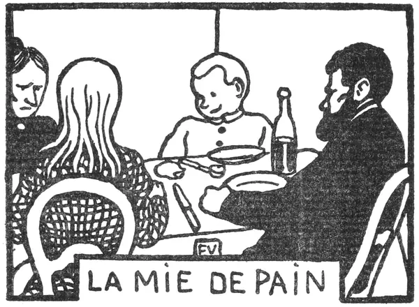 Gravure de Félix Vallotton : la famille Lepic à table, « La Mie de pain »
