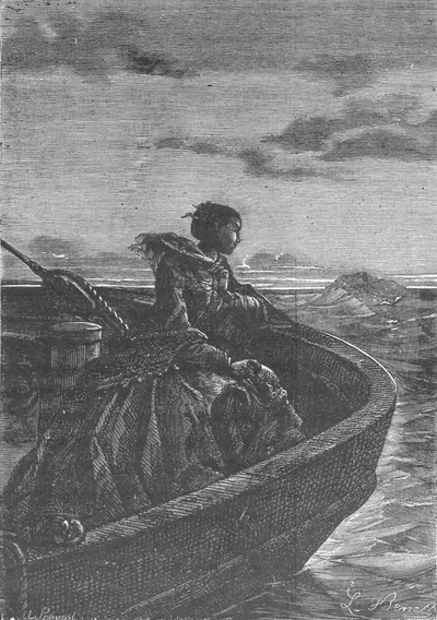 Gravure de l'édition Hetzel du Tour du monde en quatre-vingts jours : un personnage à bord d'une embarcation